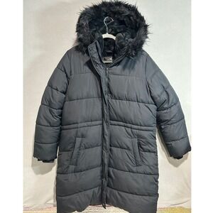 Hollister Puffer Jacket Women XL Black Faux Fur Hood Longline Parka Coat